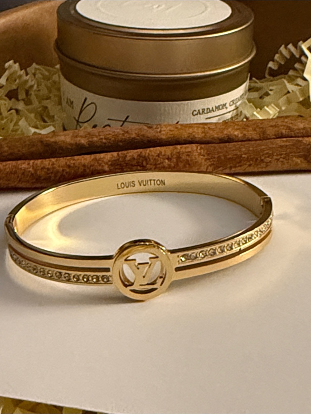 Fashion Jewelry Gold Crystal-Accent Monogram Bangle Bracelet - Picture 3 of 8